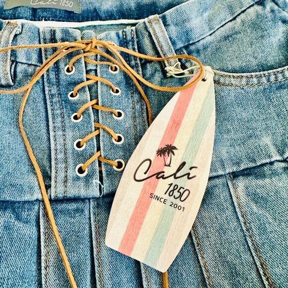 CALI 1850 LOS ANGELES DROP WAIST PLEATED MINI BLUE DENIM JEAN SKIRT LARGE JR - Picture 5 of 6
